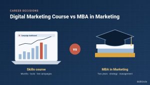 Illustration comparing a digital marketing skills course, shown as a campaign dashboard on a laptop, with an MBA in Marketing, shown as a graduation cap on books