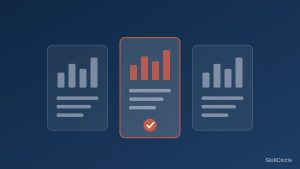 Three abstract course cards with the middle one selected, representing how to choose a data analytics course in Delhi NCR