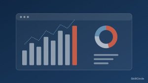 Abstract analytics dashboard with bar chart, trend line and donut chart, representing data analytics institutes in Delhi NCR