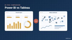 Illustration comparing a Power BI report and a Tableau dashboard side by side on a navy background