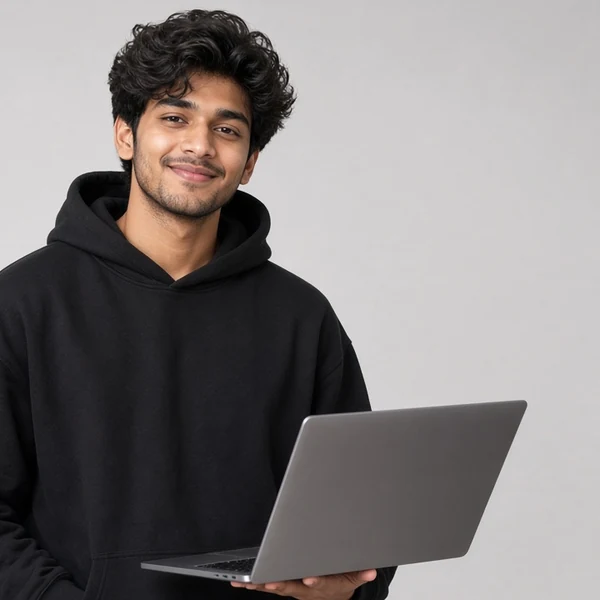 A smiling young man with curly hair in a black hoodie holding an open laptop