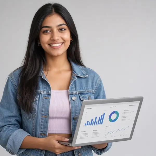 A smiling young woman in a denim jacket holding a laptop showing data charts and a donut graph