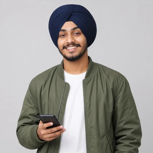 A smiling young Sikh man in a navy turban and olive bomber jacket holding a smartphone