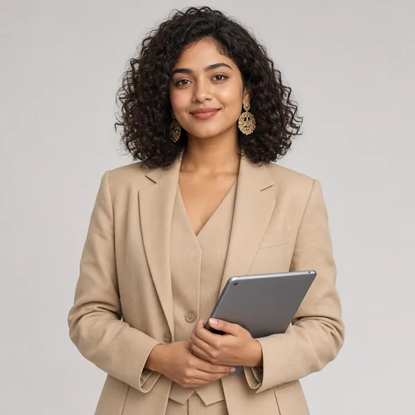 A smiling young woman with curly hair in a beige blazer holding a tablet