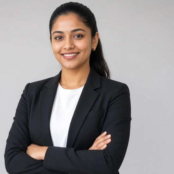 A confident young woman founder in a black blazer and white top with arms crossed